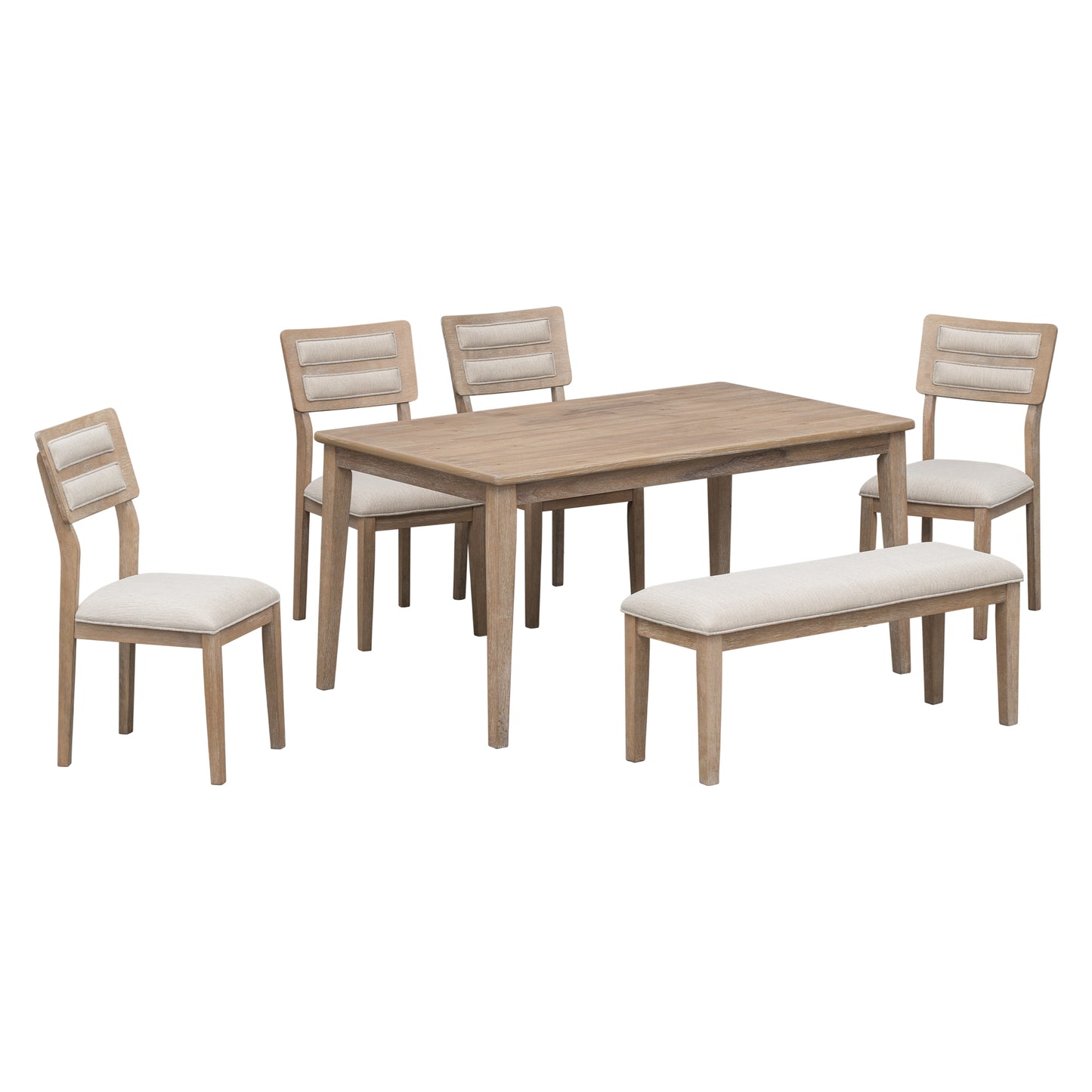 Juego de comedor clásico TREXM de 6 piezas con mesa, 4 sillas tapizadas y banco, acabado en madera natural