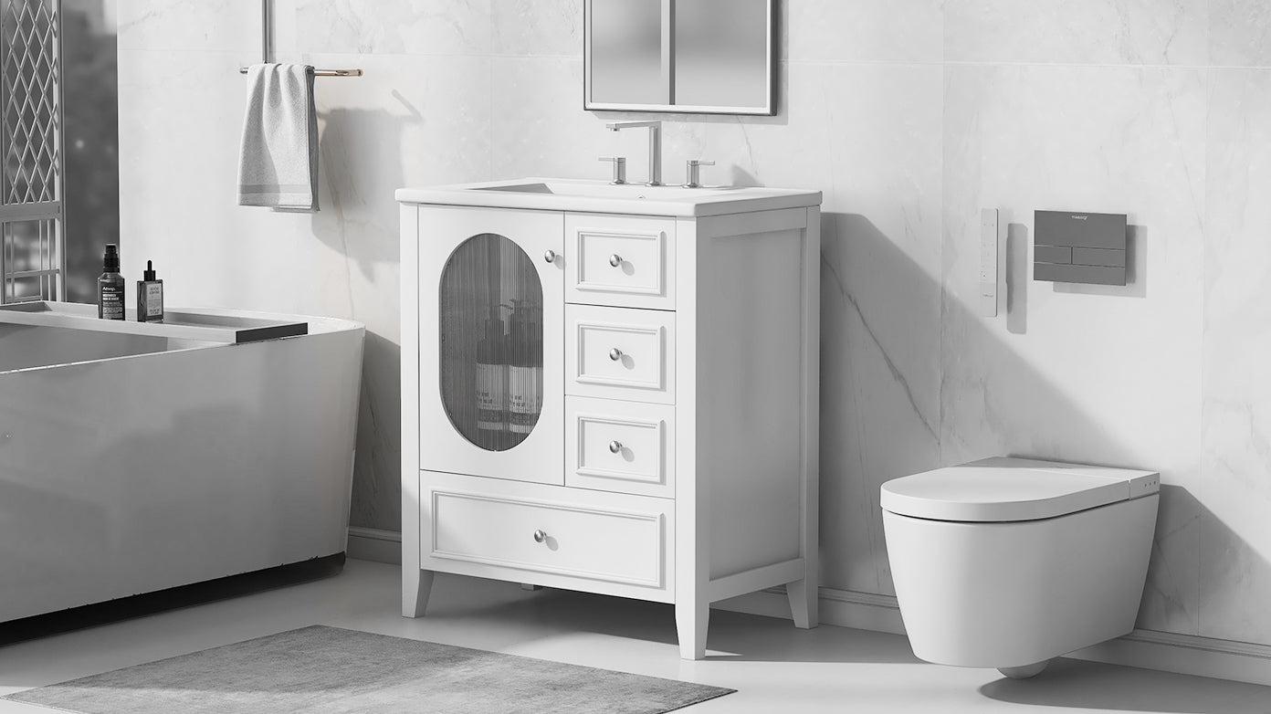 Bathroom Vanity with Sink, Bathroom Vanity Cabinet with Three Drawers and Door, Solid Wood and MDF, White