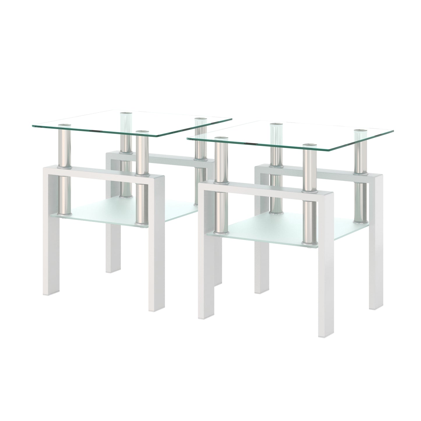 Set of 2 Modern Tempered Glass Tea Tables, Square Design for Living Rooms, Transparent/White