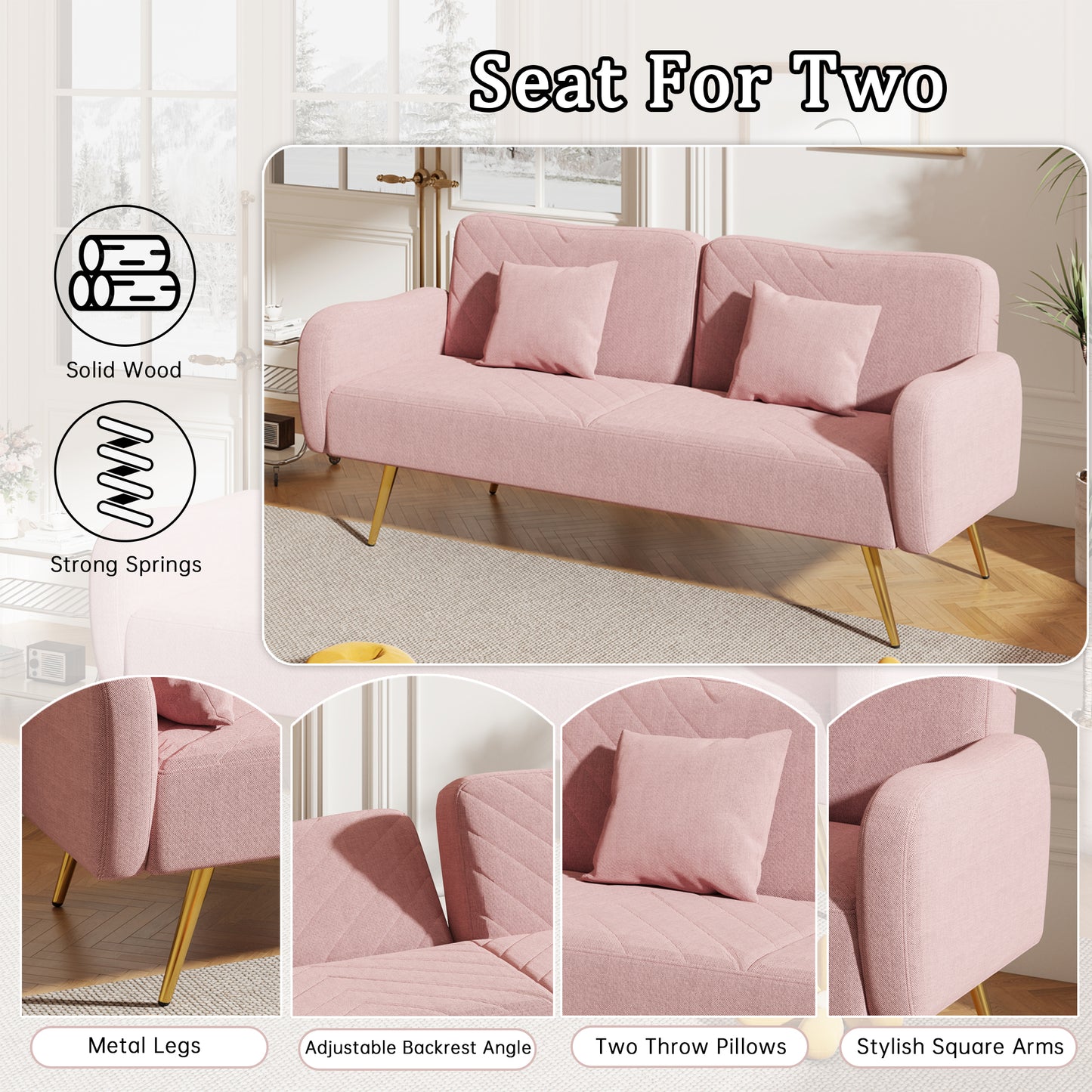 Pink Fabric Double Sofa with Split Backrest and Two Throw Pillows