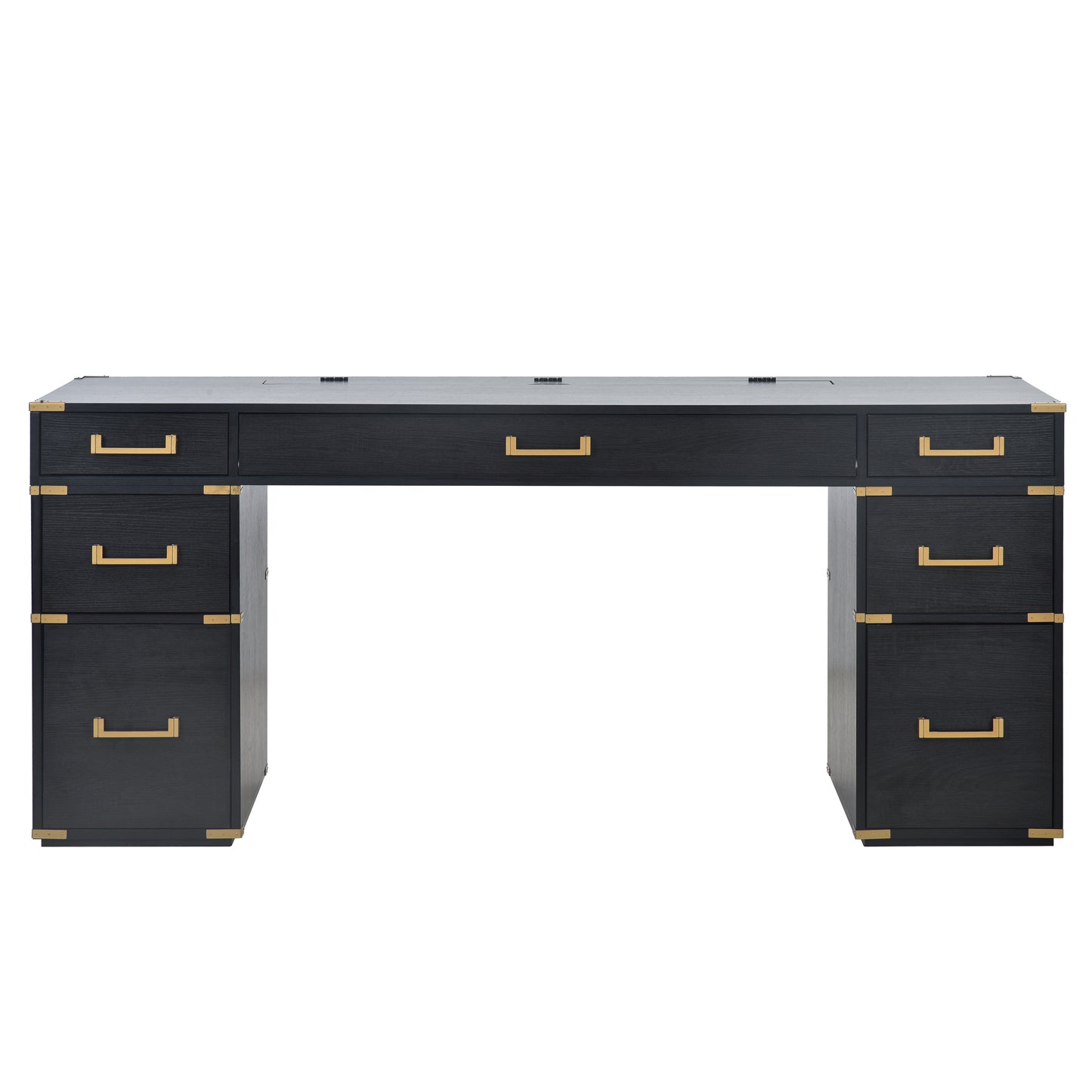 70-Inch Classic Executive Desk with Metal Trim, 2 File Drawers, USB Ports, and Sockets, Black Finish