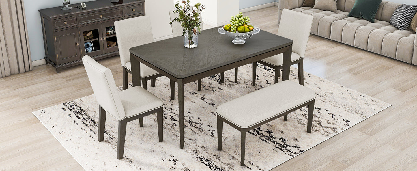 Juego de mesa de comedor TOPMAX de 6 piezas con sillas y banco tapizados, patas cónicas estilo rústico, gris oscuro y beige