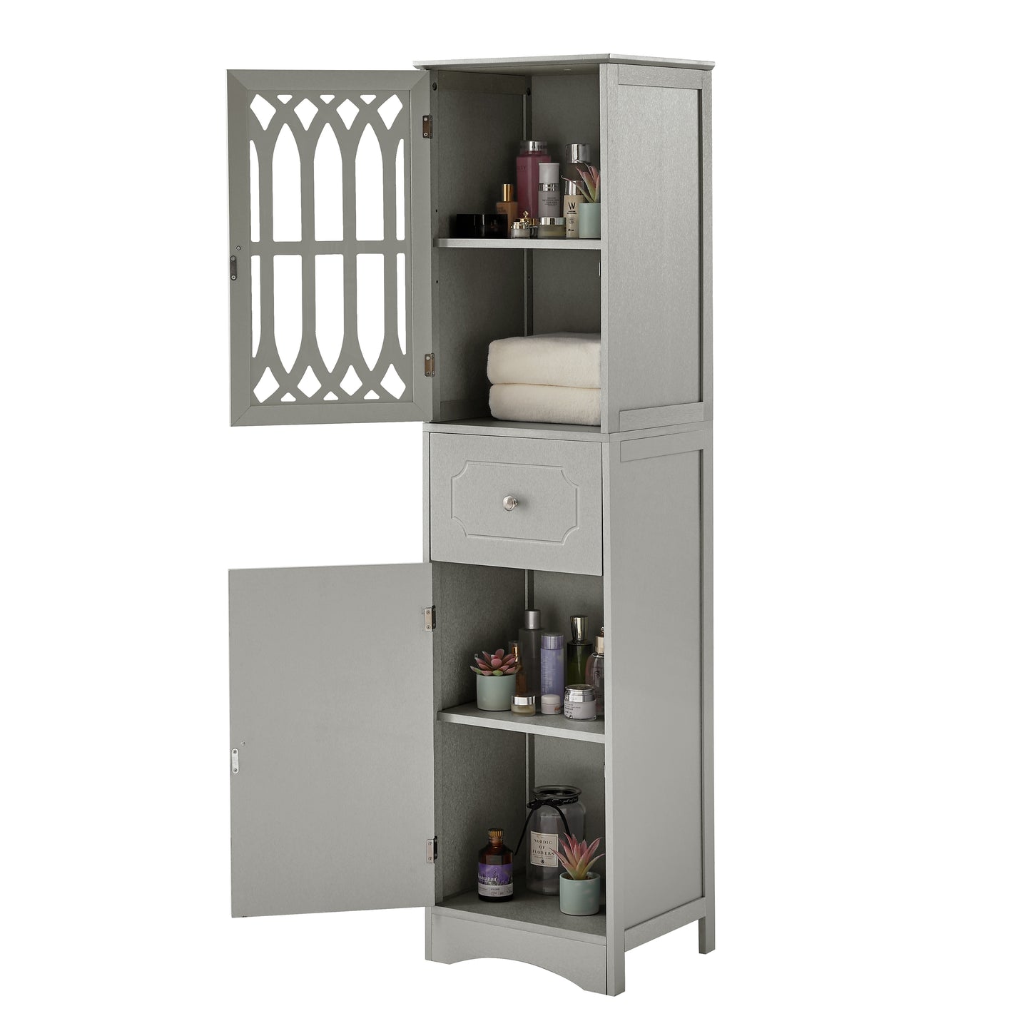 Tall Bathroom Cabinet, Freestanding Storage Cabinet with Drawer and Doors, MDF Board, Acrylic Door, Adjustable Shelf, Grey