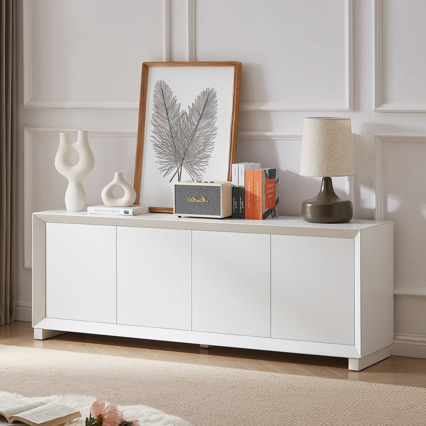 Side panel storage cabinet, TV stand, modern style cabinet, white, 64 inches wide x 15 inches deep x 23.23 inches high.