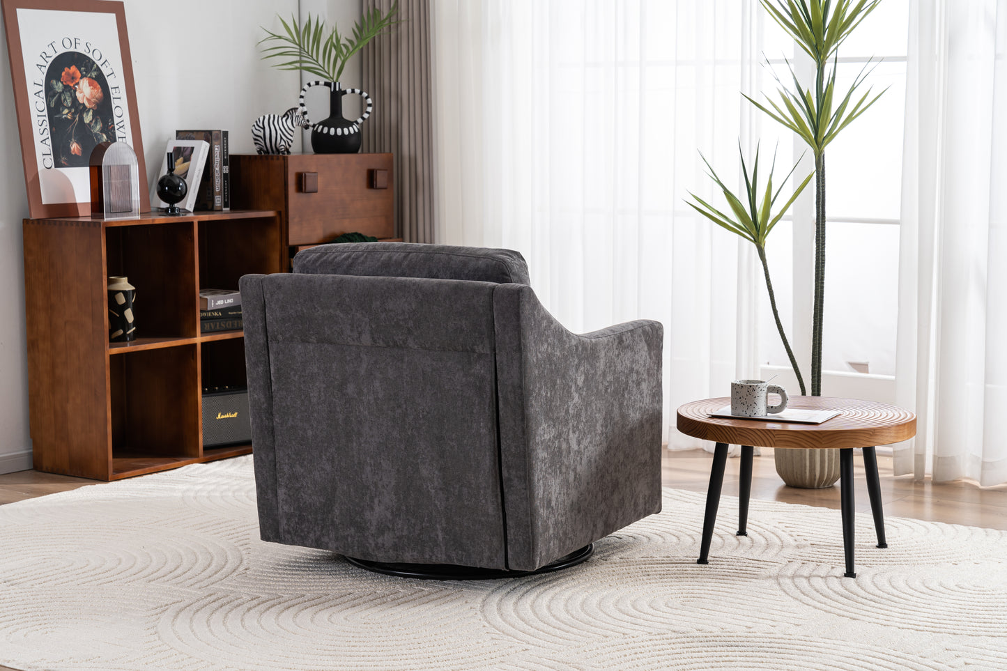 Large Swivel Chair with Soft Cushions, Modern Design in Skin-Friendly Gradient Linen Fabric, Grey Finish