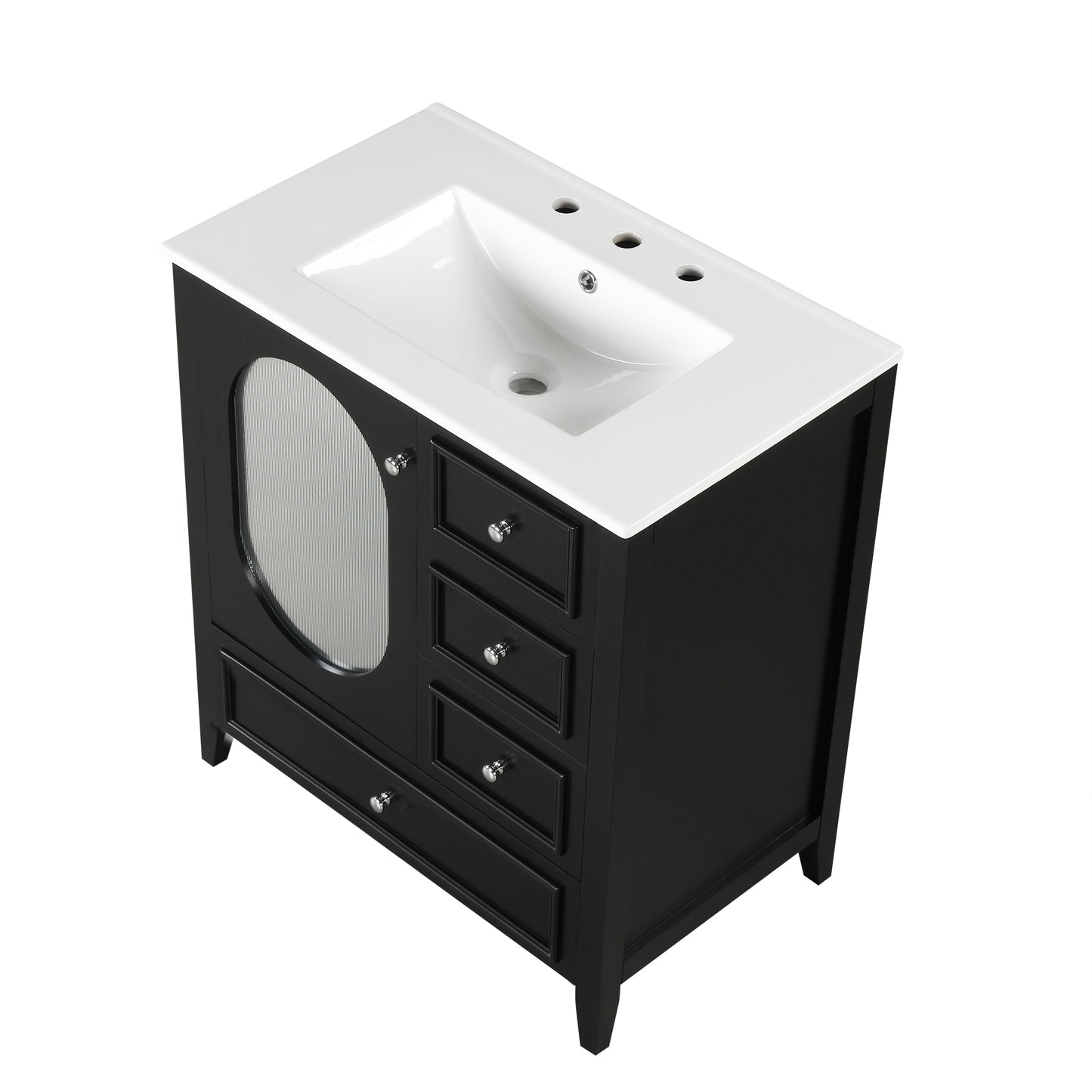 Bathroom Vanity with Sink, Bathroom Vanity Cabinet with Three Drawers and Door, Solid Wood and MDF, Black