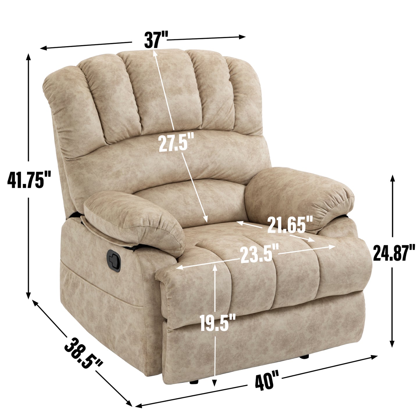 Sillón reclinable manual grande en tela, diseño cómodo para salas de estar, color beige