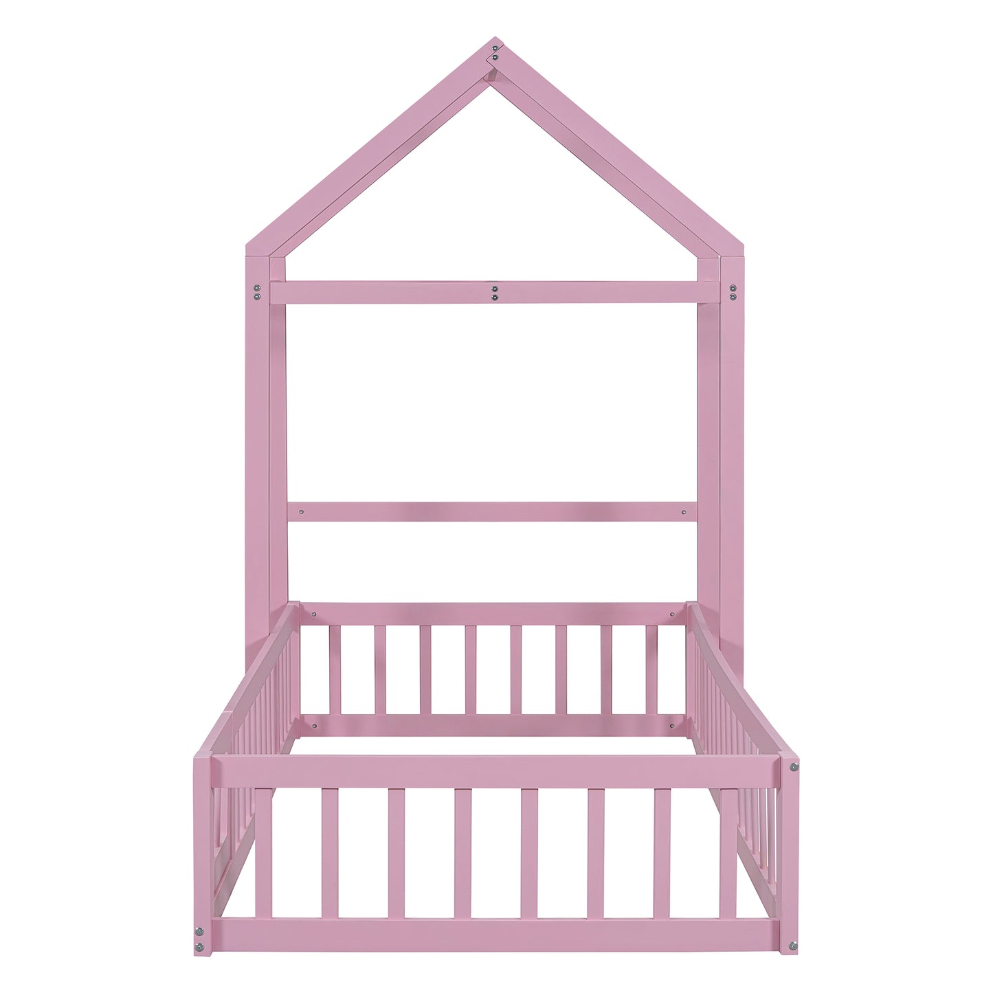 Wooden Twin Size Children's Bed with Detachable Headboard and Integrated Clothes Drying Rack, Pink