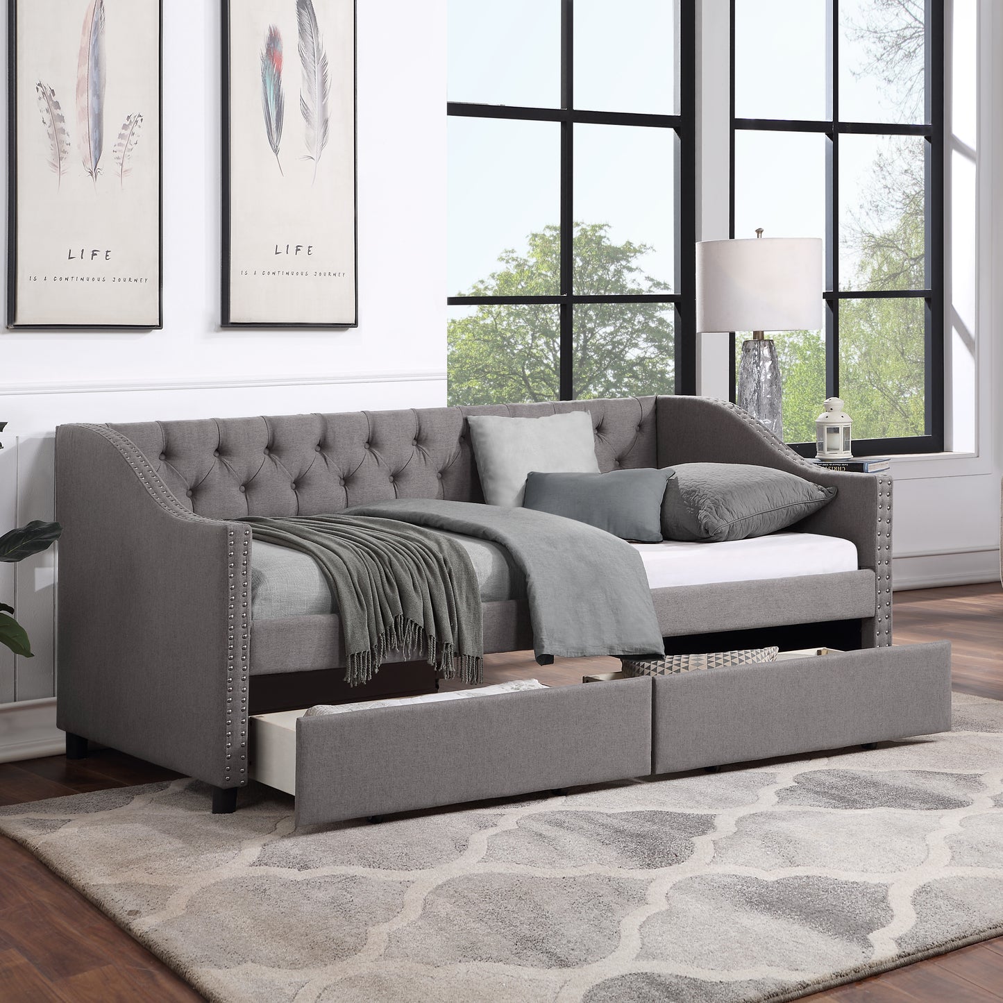 Upholstered Twin Size daybed with Two Drawers Wood Slat Support Gray