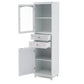 High bathroom storage cabinet with glass door, freestanding, two drawers and adjustable shelves, MDF board, painted white