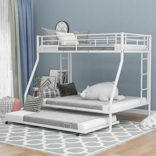 Twin over Full Bed with Sturdy Steel Frame Bunk Bed with Twin Size Trundle  Two-Side Ladders  White