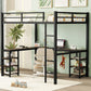 Full Metal Loft Bed with Desk and Shelves, Loft Bed with Ladder and Guardrails, Loft Bed Frame for Bedroom, Black