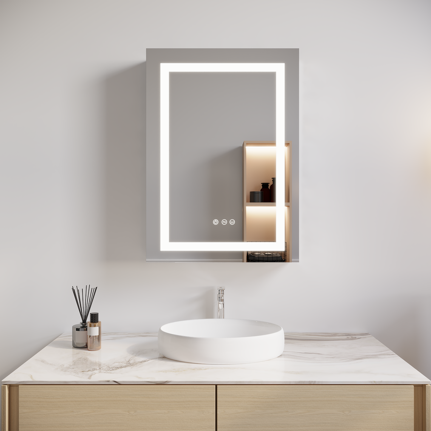 26x20 inch Bathroom Medicine Cabinet with LED Mirror, Anti-Fog, Waterproof3000K~6000K Single Door Lighted Bathroom Cabinet with Touch SwichDimmable Recessed or Surface Mount (Right Door)