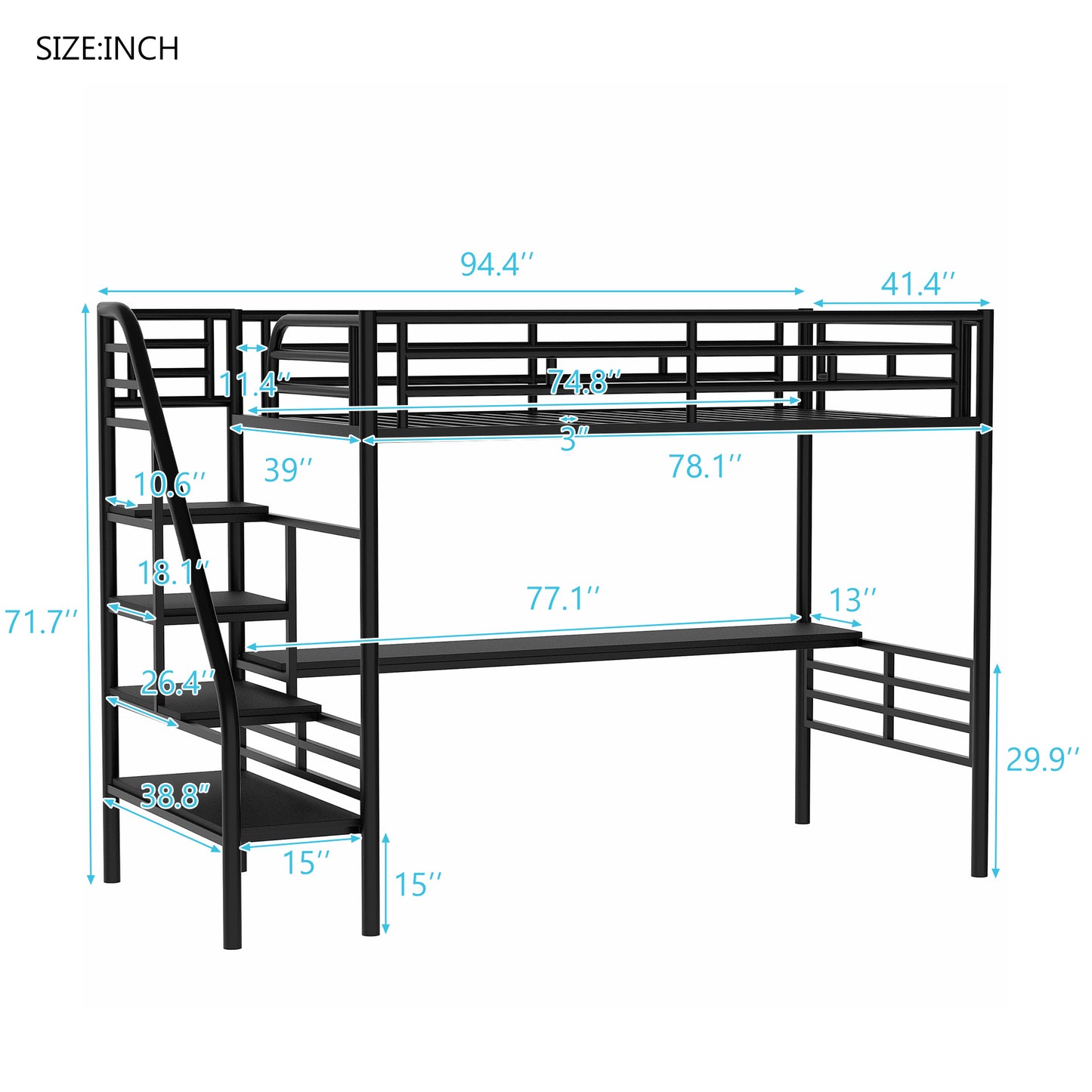 Metal Loft Bed Frame with Desk  No Box Spring Needed Twin Black