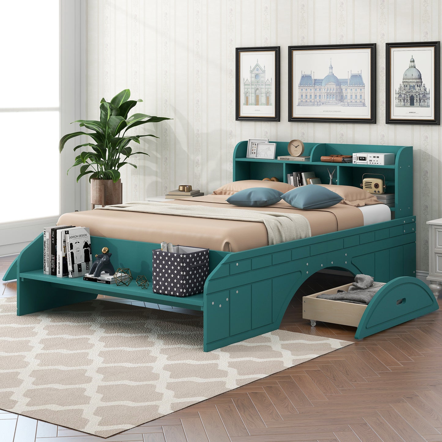 Wood Full Size Platform Bed with 2 Drawers, Storage Headboard and Footboard, Dark Green