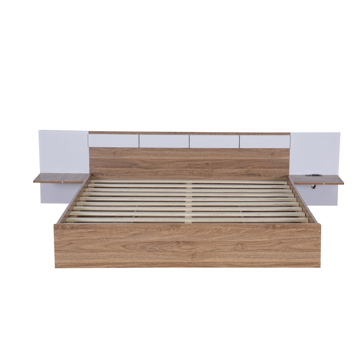 Queen Size Platform Bed with Headboard, Drawers, Shelves, USB Ports and Sockets, Natural