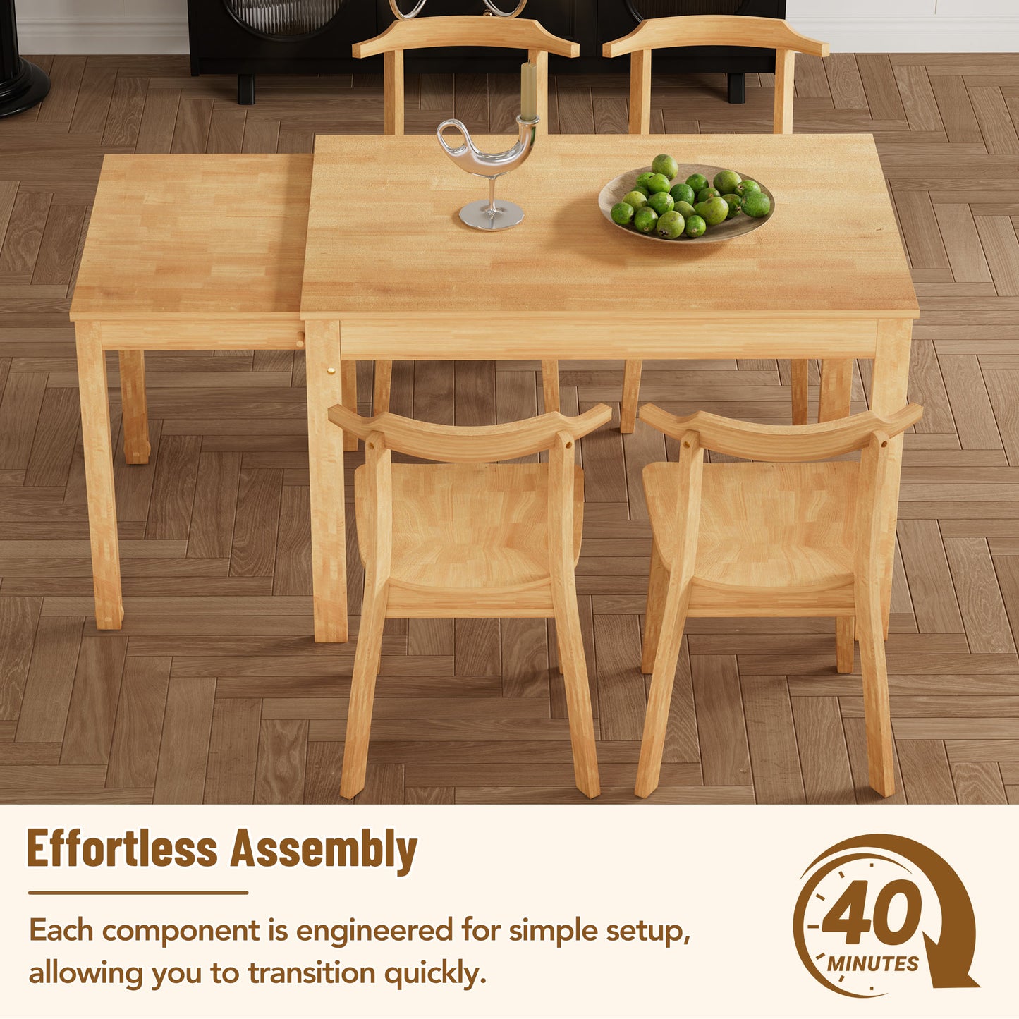 TOPMAX 65" 5-Piece Dining Set with Wheels, Expandable Table, and 4 Small Chairs, Natural Finish