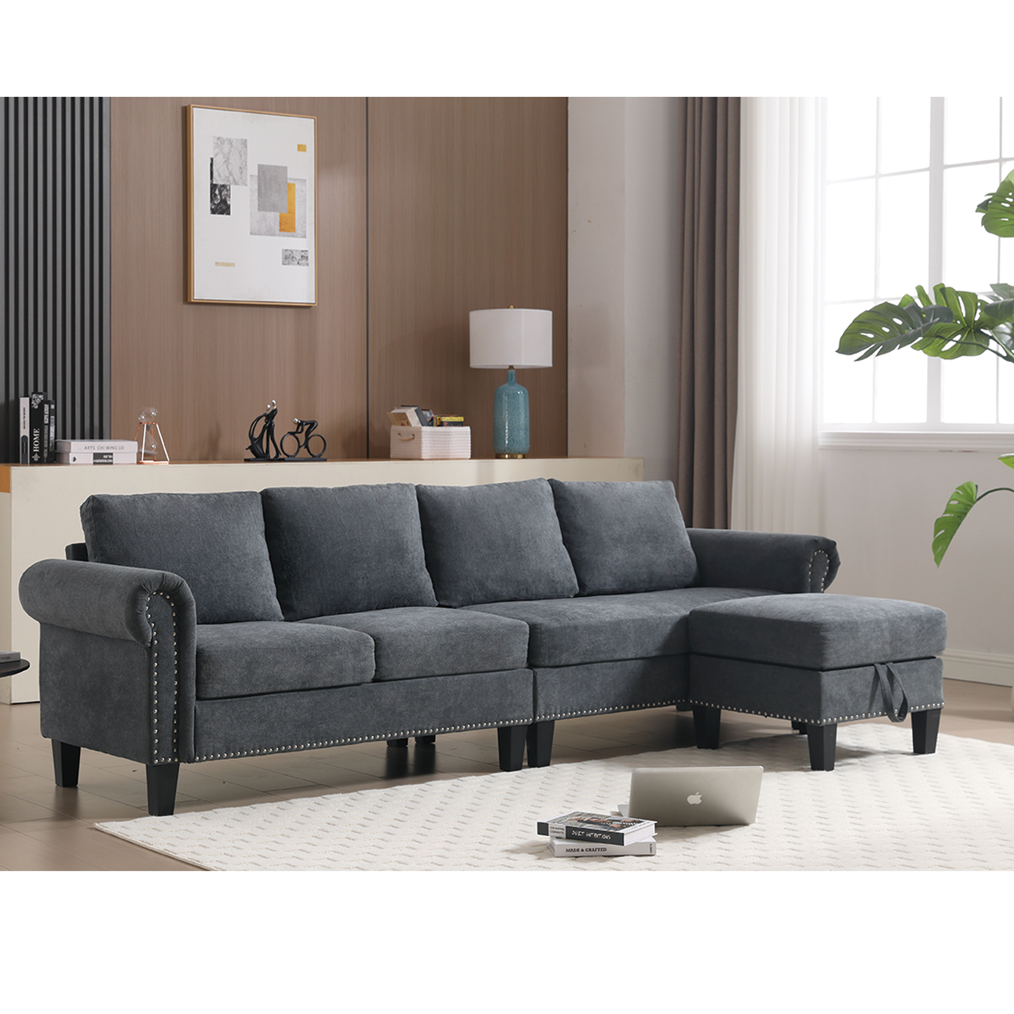 Convertible Sectional Sofa with Storage, L-Shaped Design in Modern Linen Fabric, Gray for Living Rooms