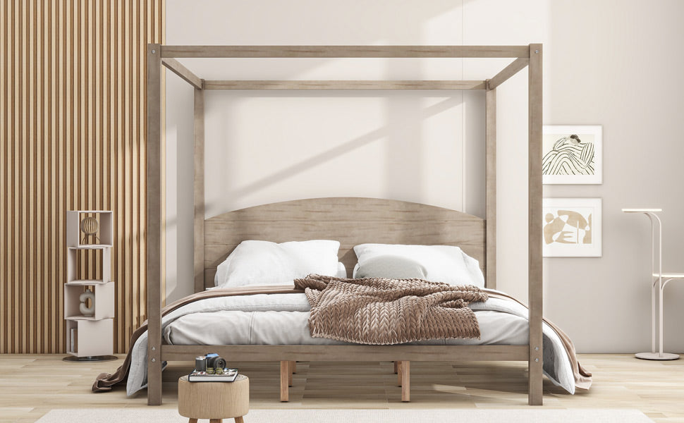 King Size Canopy Platform Bed with Headboard and Support Legs, Brown Wash