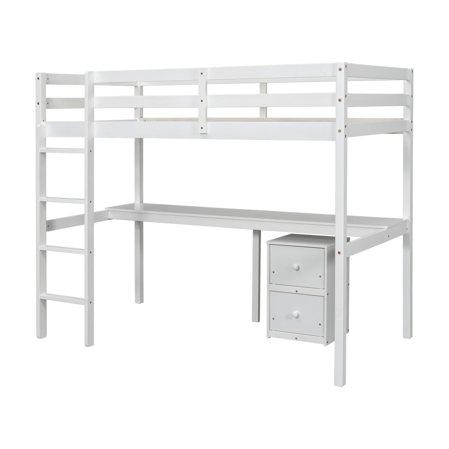 Twin Loft Wood Bed with Built-In Desk, Storage Cabinet, Guardrails, and Ladder, White Finish