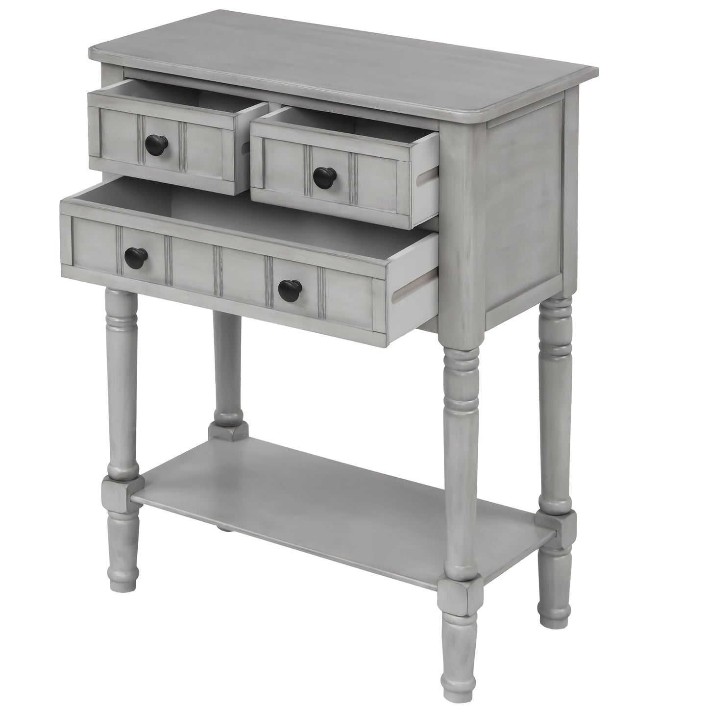 TREXM Narrow Console Desk, Thin Sofa Table with 3 Storage Drawers and Bottom Shelf, Grey Washed Finish