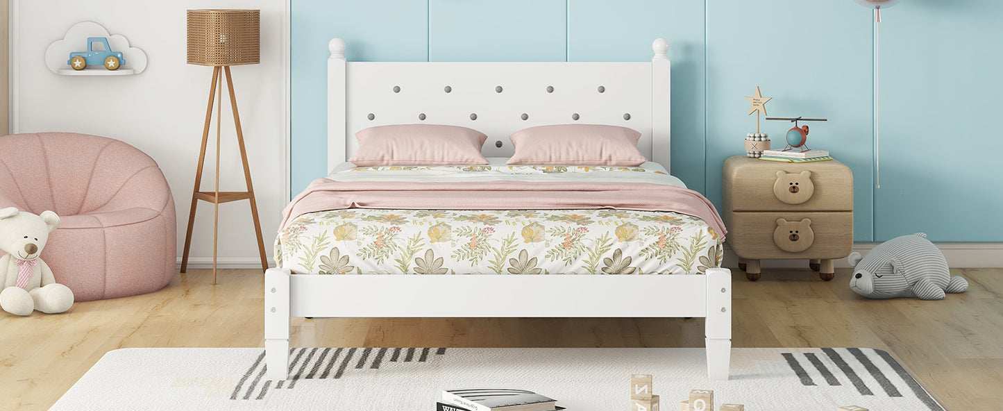 Twin Bed with Button-Decoration Headboard, with Bed Slats,White