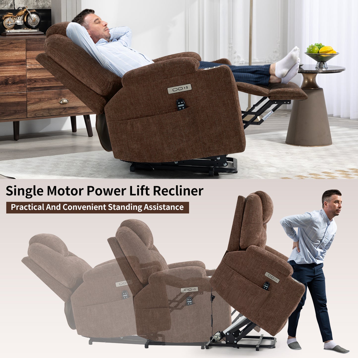 Okin motor Up to 350 LBS Chenille Power Lift Recliner Chair Brown