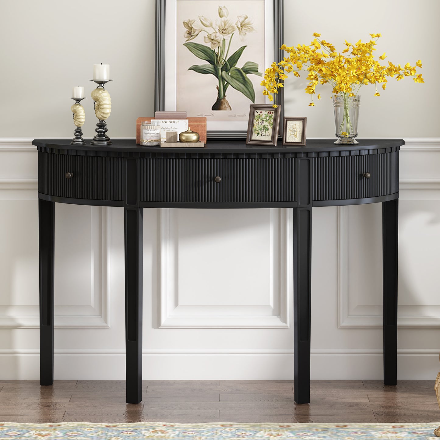 U-Style Pine Veneer Console Table with Vertical Stripe Drawer Fronts and Four Legs