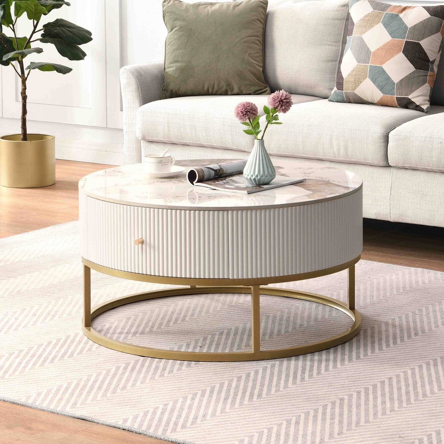 Modern Round Coffee Table with Drawers, Marble Table with Storage, Coffee Table for Living Room