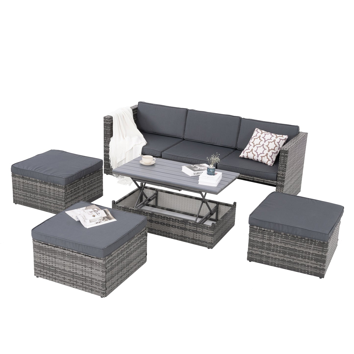 5-Piece Outdoor Patio Furniture Set with Plywood Coffee Table, Seasonal PE Wicker Design