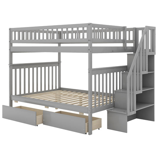 Full over Full Bunk Bed with Two Drawers and Storage, Gray Finish for Organized Bedrooms