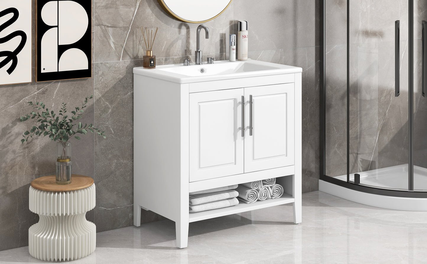 Bathroom Vanity with Sink Multi-functional Bathroom Cabinet with Doors and Drawers Solid Frame and MDF Board, White