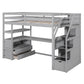 Twin Size Loft Bed with Desk and Shelves Two Built-in Drawers, Storage Staircase Gray