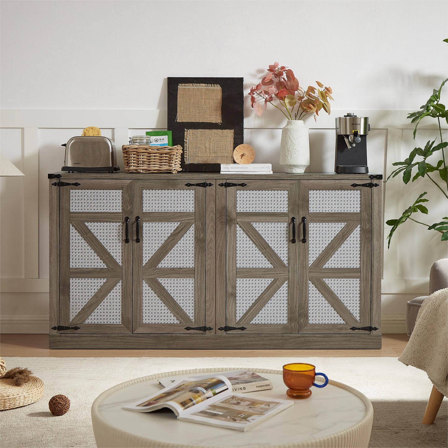 65-Inch Slate Gray Faux Rattan Sideboard with Barn Doors, 4-Door Storage for Living Rooms and Bedrooms