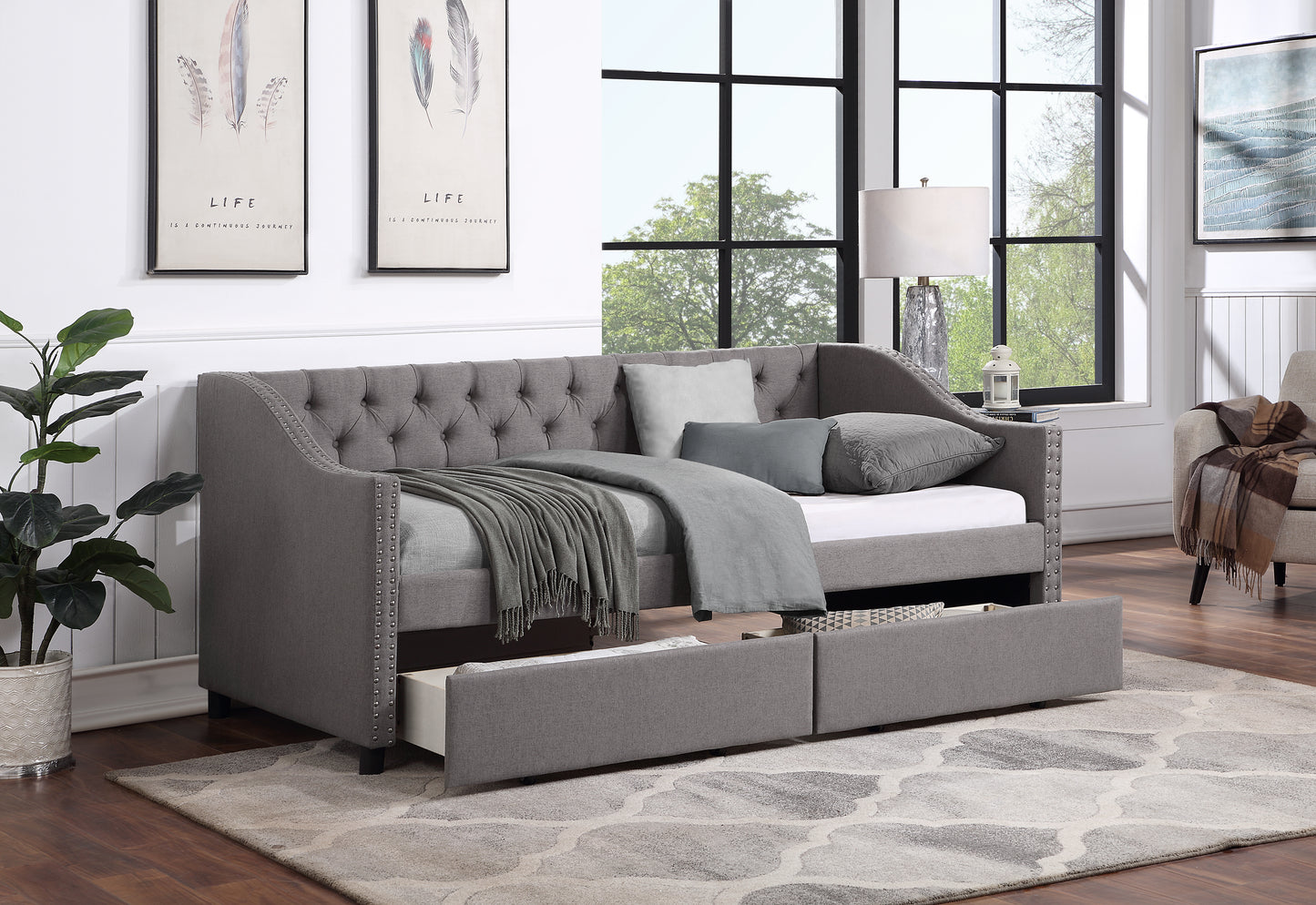 Upholstered Twin Size daybed with Two Drawers Wood Slat Support Gray