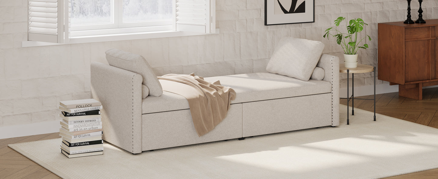 Modern Cushioned Lounge Chair Sofa Bed with 2 Drawers, Linen Fabric in Beige