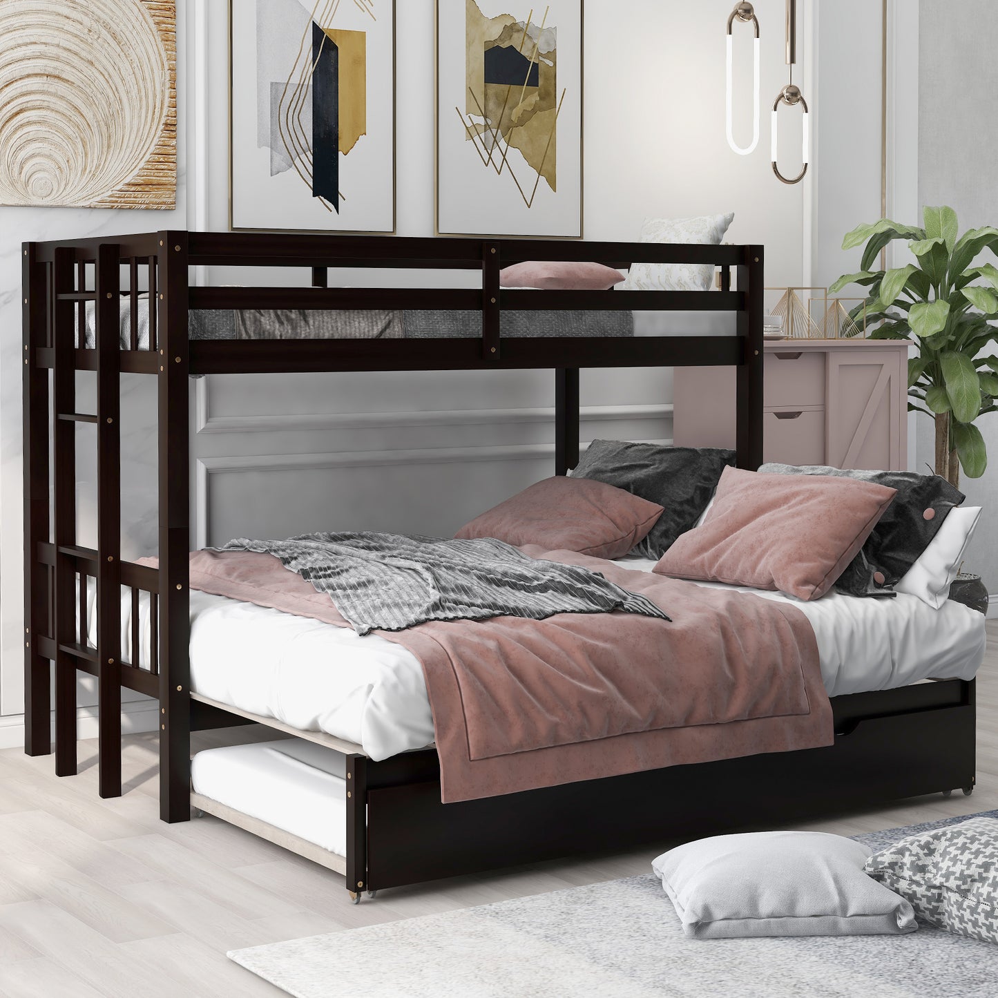 Twin over Pull-out Bunk Bed with Trundle  Espresso