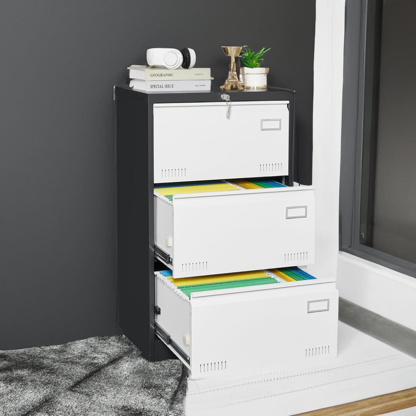 3 Drawer Metal Lateral File Cabinet with Lock Office Vertical Files Cabinet for Home Office