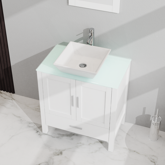 Conjunto de tocador y lavabo para baño Goodyo de 30" con gabinete con cubierta de vidrio y espejo, acabado blanco