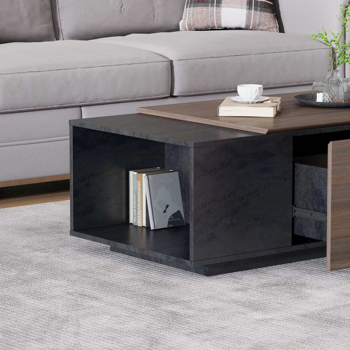 47 Inch Modern Farmhouse Drawer Coffee Table for Living Room or Office  Armando & Texture Black