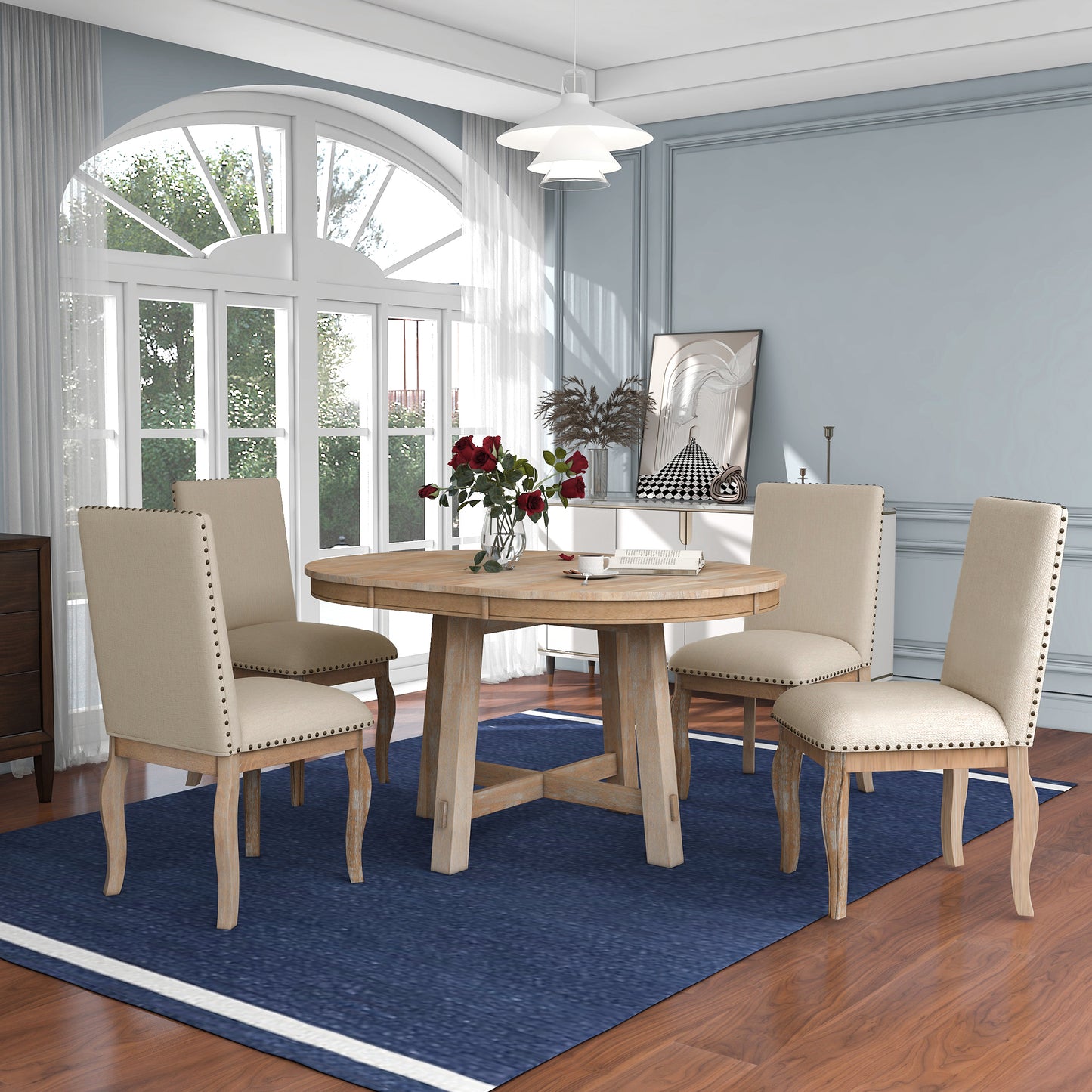 TREXM 5-Piece Farmhouse Dining Table Set with Round Extendable Table and 4 Upholstered Chairs, Natural Wood Wash