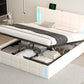 Queen Size Upholstered Bed with LED Lights Hydraulic Storage System and USB Charging Station White