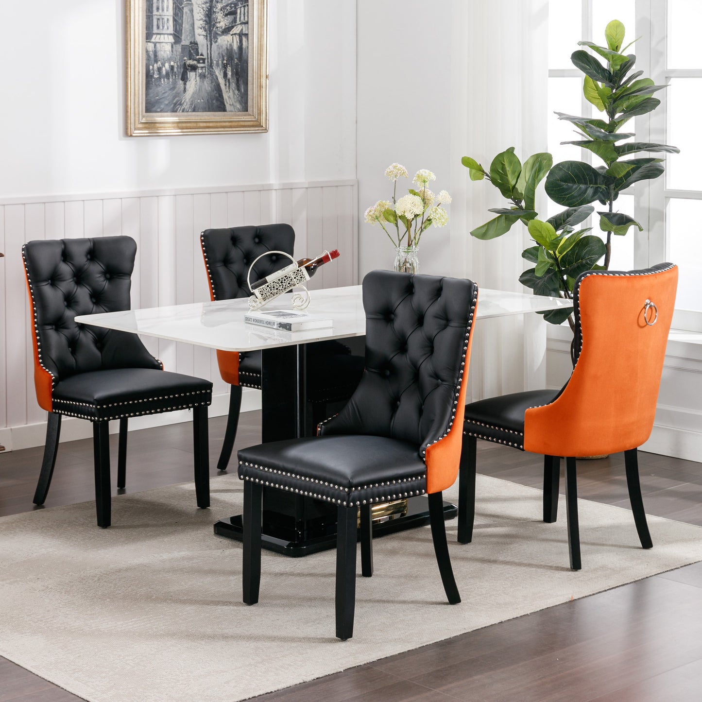 Tufted Solid Wood Contemporary PU and Velvet Upholstered Dining Chair with Wood Legs Nailhead Trim 2-Pcs Set Black+Orange