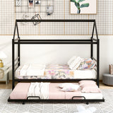 Twin Size Metal House Shape Platform Bed with Trundle Black