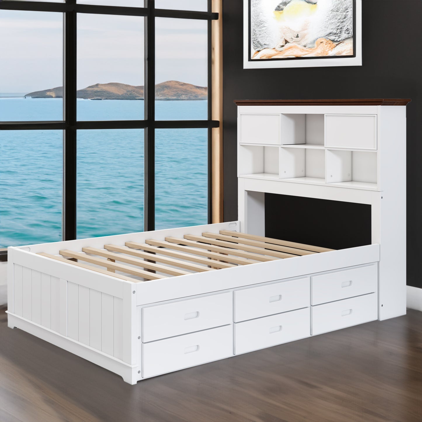 Solid Pine Captain Bookcase Bed with Trundle Bed and 3 Spacious Under Bed Drawers in Casual,Full, White+Walnut