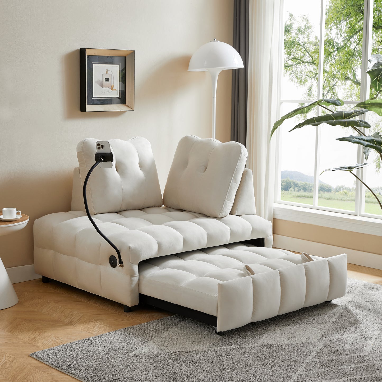 Modern Velvet Sofa Bed with Removable Backrest, USB Port, and Swivel Phone Stand, Beige