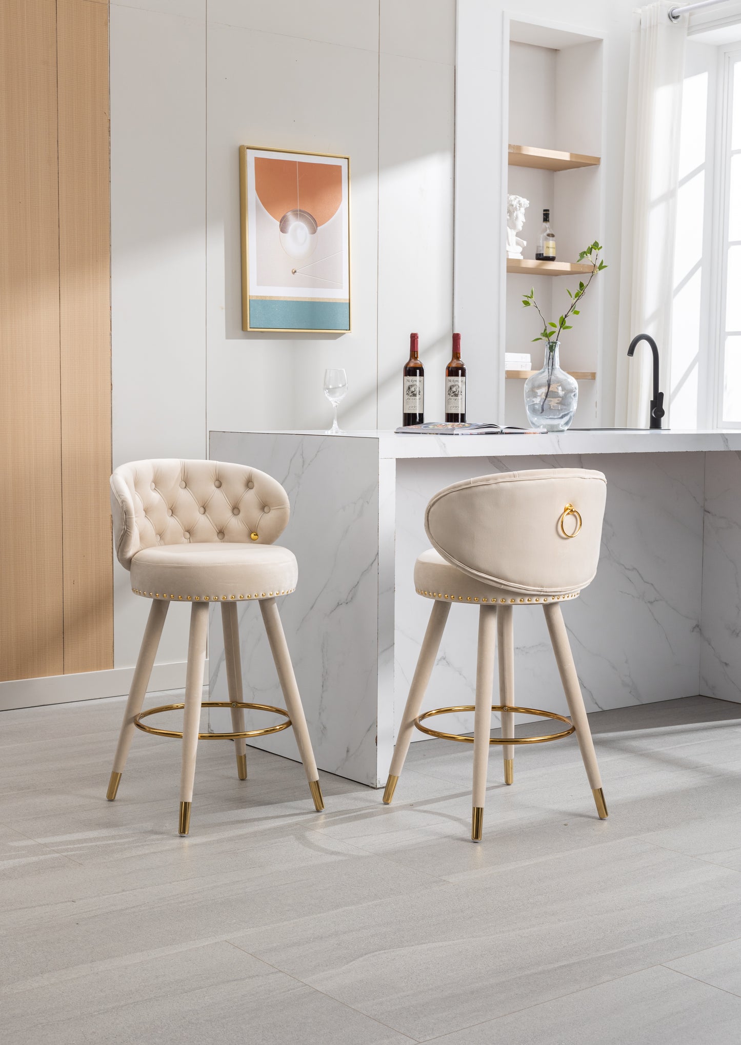 COOLMORE Counter Height Bar Stools, Set of 2 with Solid Wood Legs and 360-Degree Swivel, Beige Finish