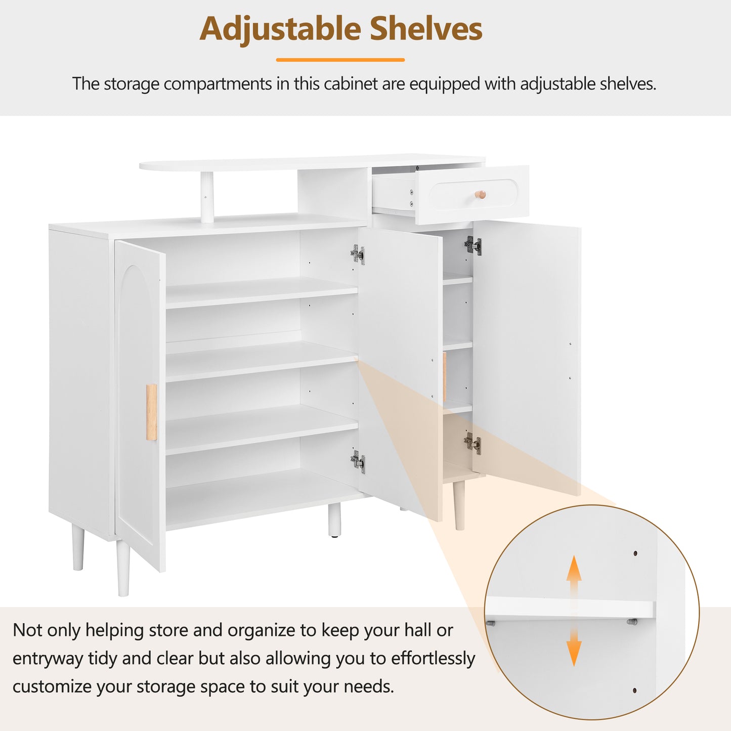 ON-TRANS Elegant Shoe Cabinet with Arched Doors and Drawers, Storage Side Panels, Adjustable Shelves and Solid Wood Legs, White