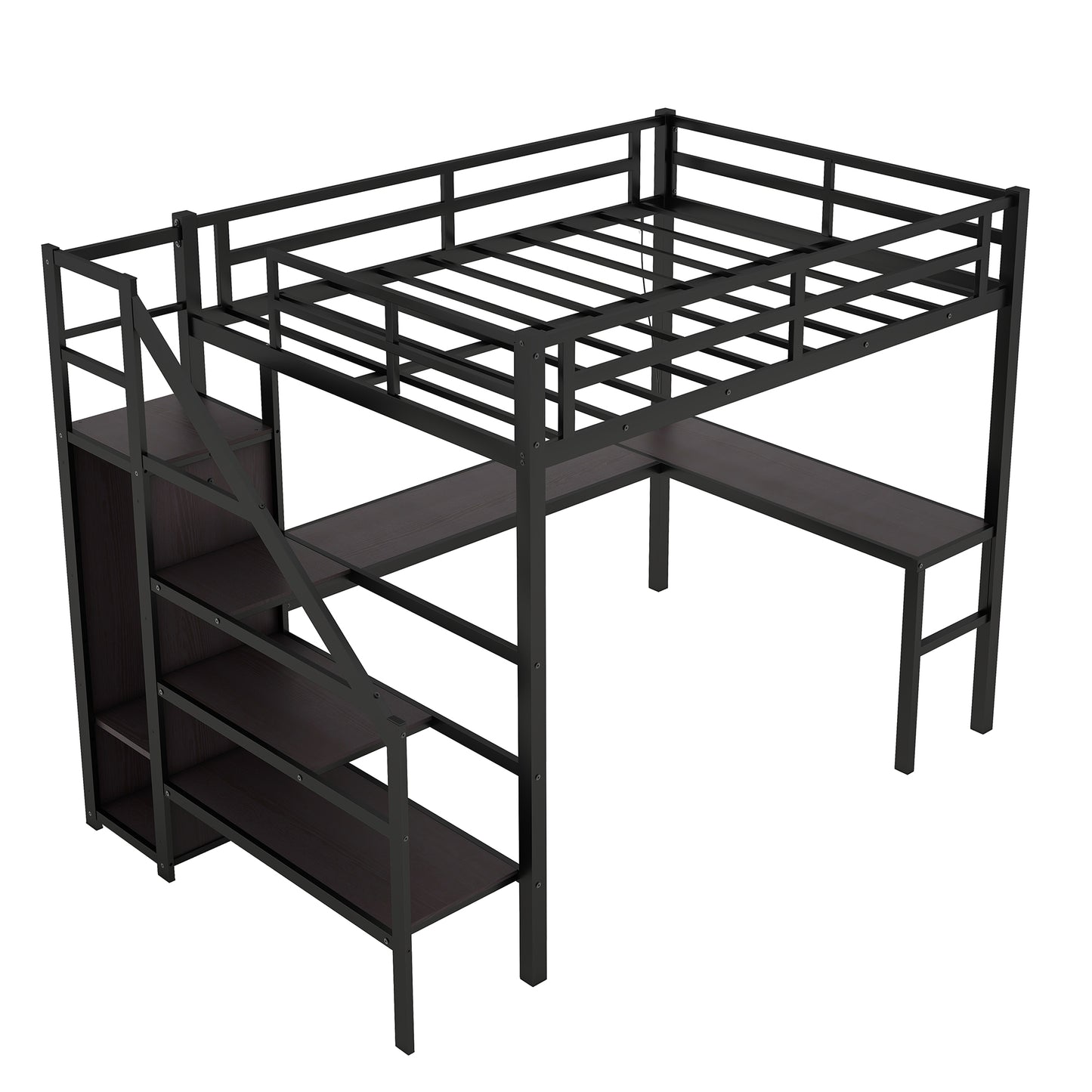 Cama alta de tamaño completo con escritorio en forma de L, puerto USB, armario y estante ajustable, color negro