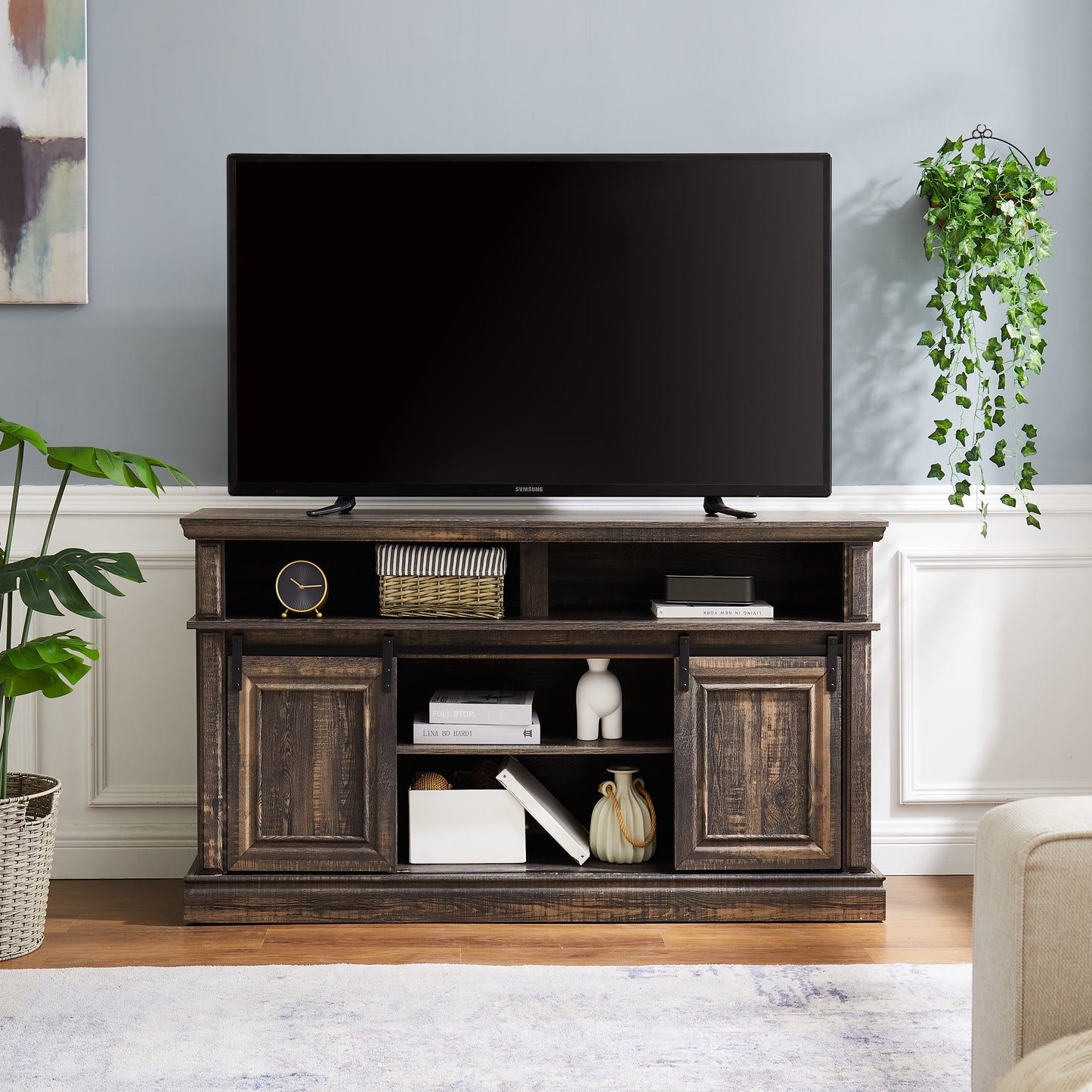 Mid Century Style Sliding Door TV Table with Storage Cabinet 58.11 * 15.79 * 32.36 inches Antique Brown